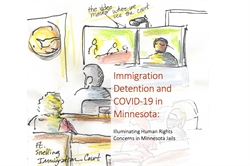[ai] An illustration depicting a courtroom scene with a video monitor displaying individuals. The text overlay reads: "Immigration Detention and COVID-19 in Minnesota: Illuminating Human Rights Concerns in Minnesota Jails. Ft. Snelling Immigration Court."